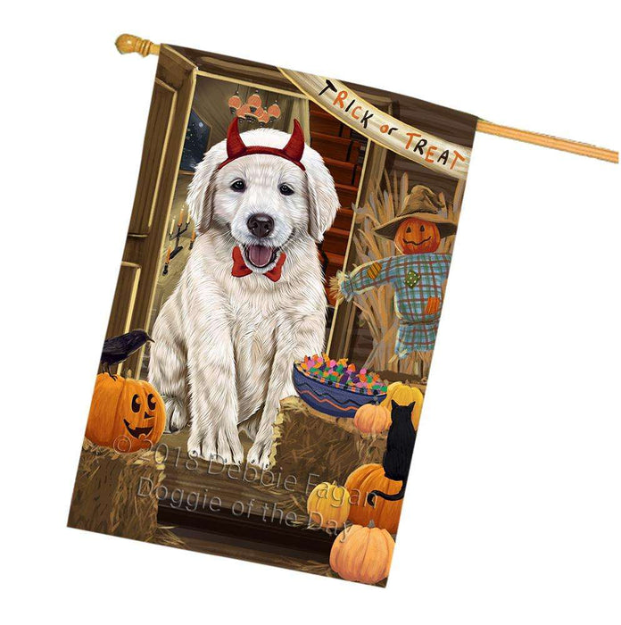 Enter at Own Risk Trick or Treat Halloween Golden Retriever Dog House Flag FLG53330