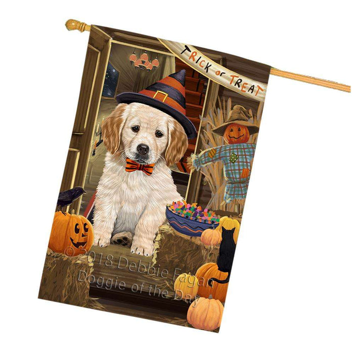 Enter at Own Risk Trick or Treat Halloween Golden Retriever Dog House Flag FLG53331