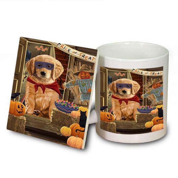 Enter at Own Risk Trick or Treat Halloween Golden Retriever Dog Mug and Coaster Set MUC53122