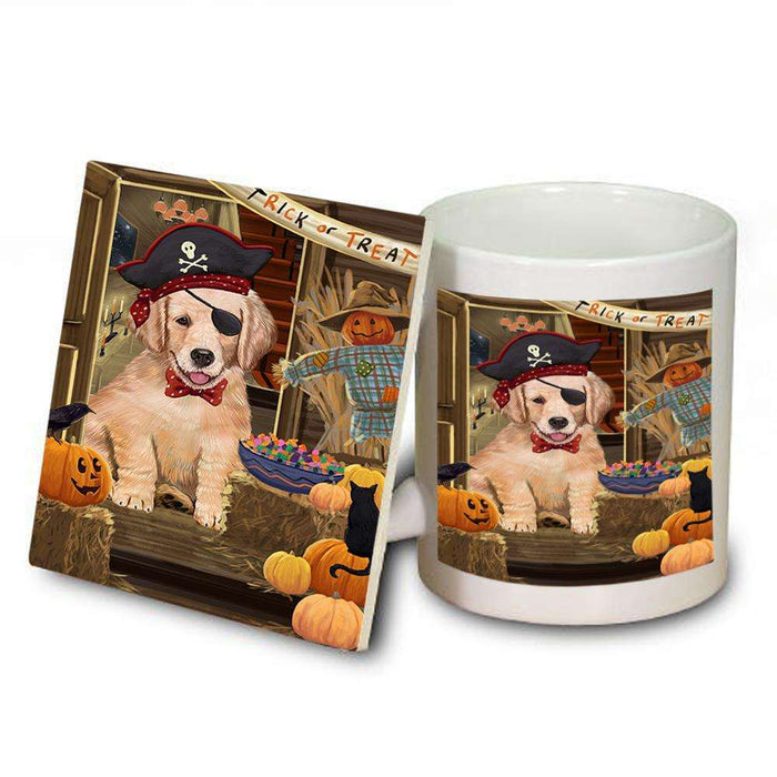 Enter at Own Risk Trick or Treat Halloween Golden Retriever Dog Mug and Coaster Set MUC53123