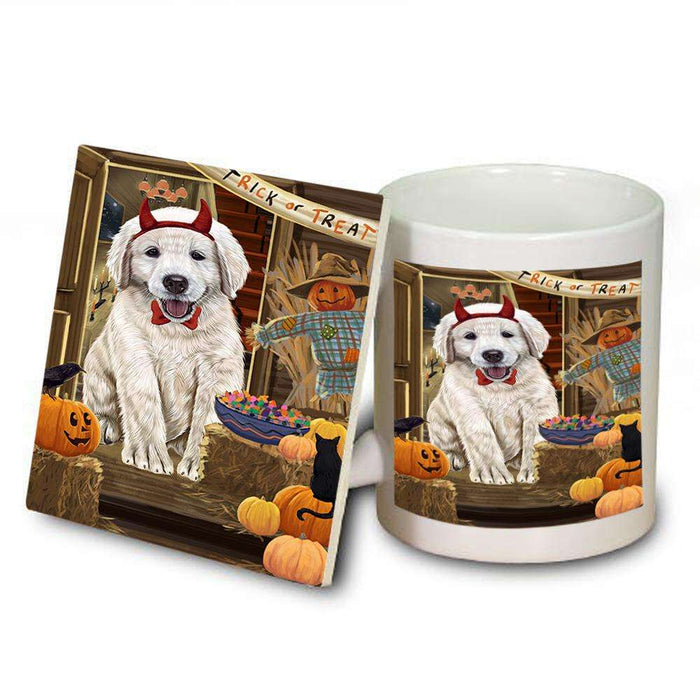 Enter at Own Risk Trick or Treat Halloween Golden Retriever Dog Mug and Coaster Set MUC53124