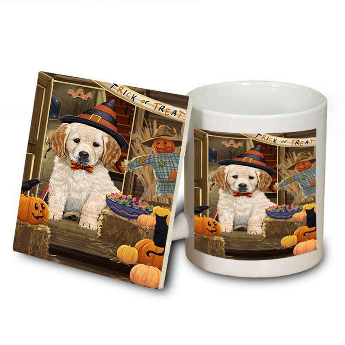 Enter at Own Risk Trick or Treat Halloween Golden Retriever Dog Mug and Coaster Set MUC53125