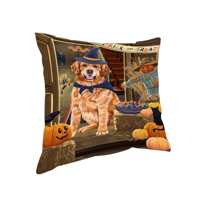 Enter at Own Risk Trick or Treat Halloween Golden Retriever Dog Pillow PIL69024