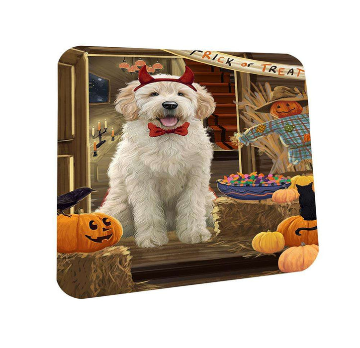 Enter at Own Risk Trick or Treat Halloween Goldendoodle Dog Coasters Set of 4 CST53096