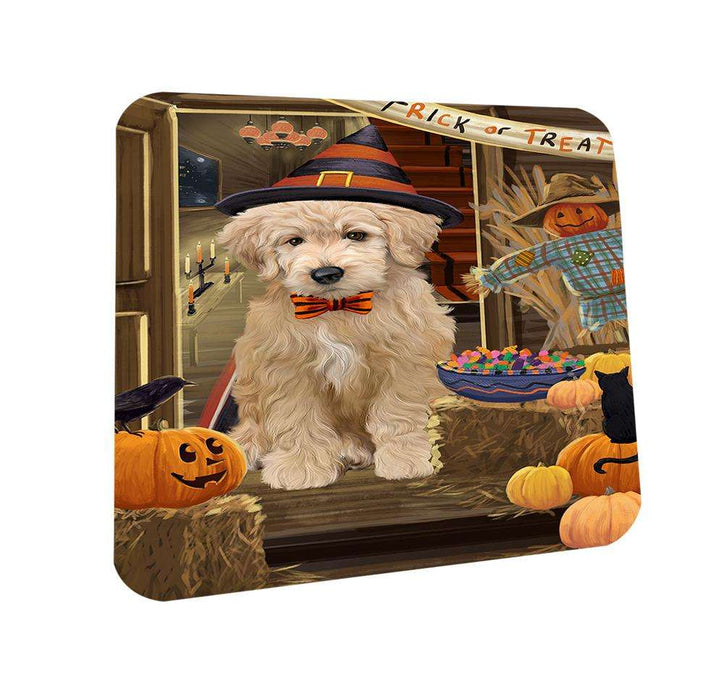Enter at Own Risk Trick or Treat Halloween Goldendoodle Dog Coasters Set of 4 CST53097