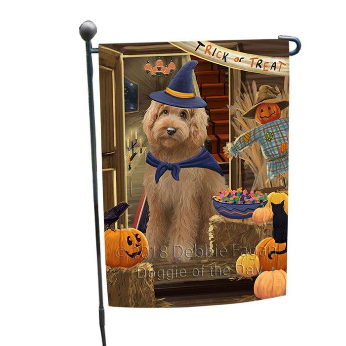 Enter at Own Risk Trick or Treat Halloween Goldendoodle Dog Garden Flag GFLG53196
