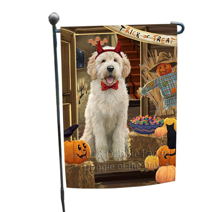Enter at Own Risk Trick or Treat Halloween Goldendoodle Dog Garden Flag GFLG53199