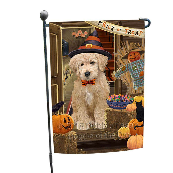Enter at Own Risk Trick or Treat Halloween Goldendoodle Dog Garden Flag GFLG53200
