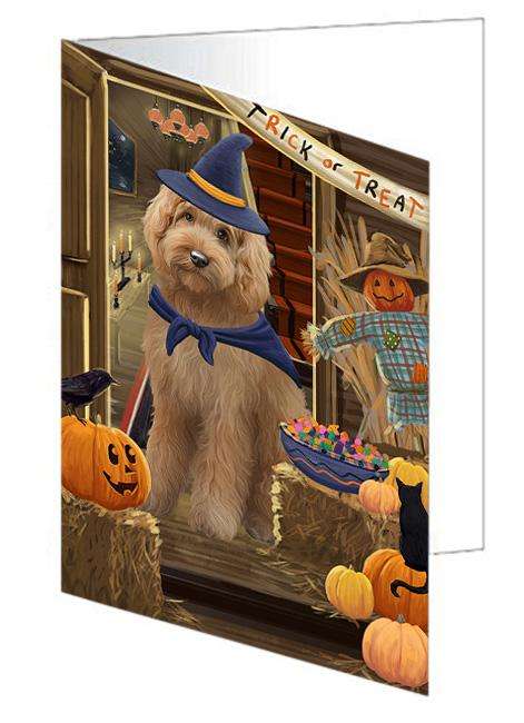 Enter at Own Risk Trick or Treat Halloween Goldendoodle Dog Handmade Artwork Assorted Pets Greeting Cards and Note Cards with Envelopes for All Occasions and Holiday Seasons GCD63431