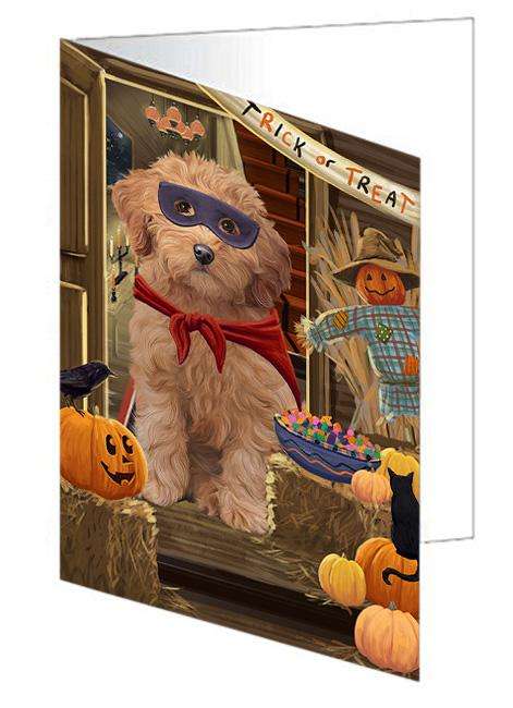 Enter at Own Risk Trick or Treat Halloween Goldendoodle Dog Handmade Artwork Assorted Pets Greeting Cards and Note Cards with Envelopes for All Occasions and Holiday Seasons GCD63434