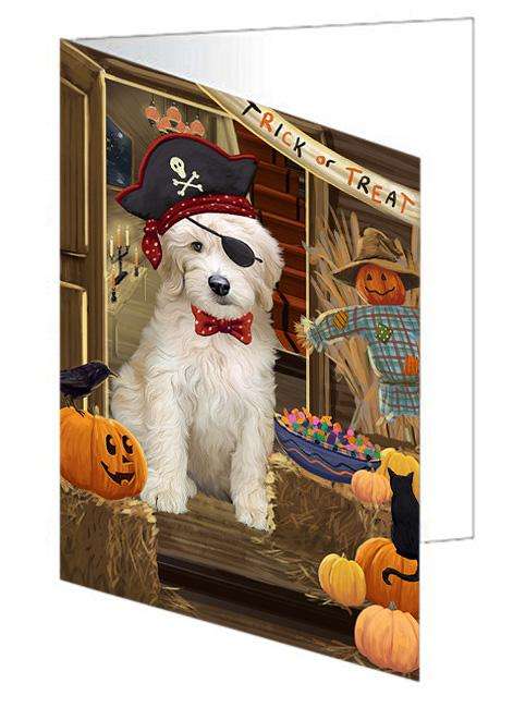Enter at Own Risk Trick or Treat Halloween Goldendoodle Dog Handmade Artwork Assorted Pets Greeting Cards and Note Cards with Envelopes for All Occasions and Holiday Seasons GCD63437