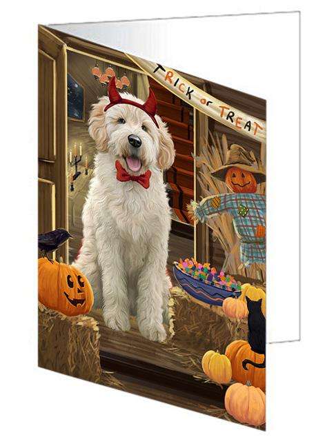 Enter at Own Risk Trick or Treat Halloween Goldendoodle Dog Handmade Artwork Assorted Pets Greeting Cards and Note Cards with Envelopes for All Occasions and Holiday Seasons GCD63440