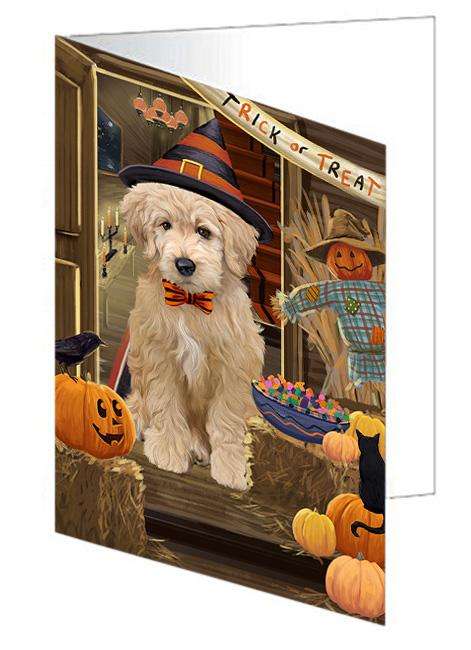Enter at Own Risk Trick or Treat Halloween Goldendoodle Dog Handmade Artwork Assorted Pets Greeting Cards and Note Cards with Envelopes for All Occasions and Holiday Seasons GCD63443