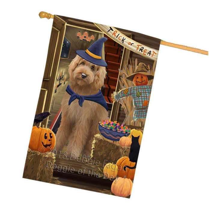 Enter at Own Risk Trick or Treat Halloween Goldendoodle Dog House Flag FLG53332