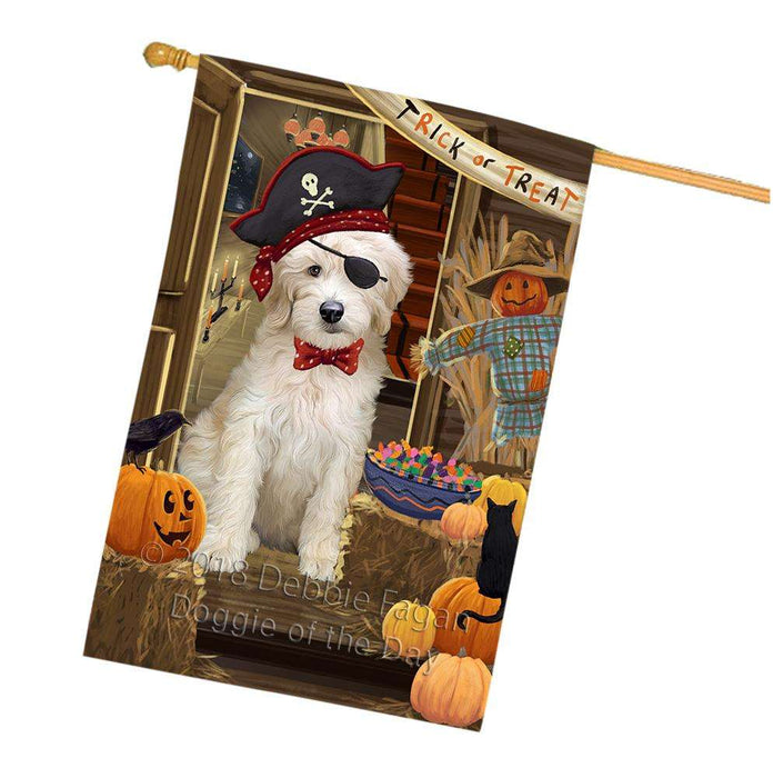 Enter at Own Risk Trick or Treat Halloween Goldendoodle Dog House Flag FLG53334