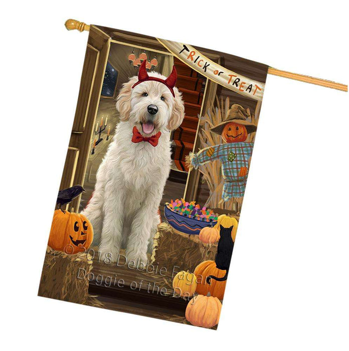 Enter at Own Risk Trick or Treat Halloween Goldendoodle Dog House Flag FLG53335