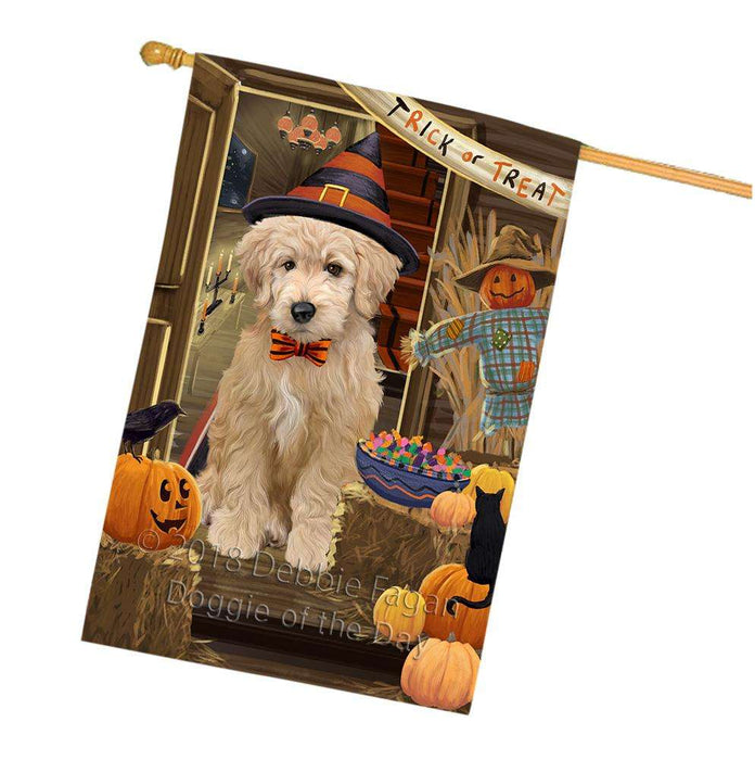 Enter at Own Risk Trick or Treat Halloween Goldendoodle Dog House Flag FLG53336