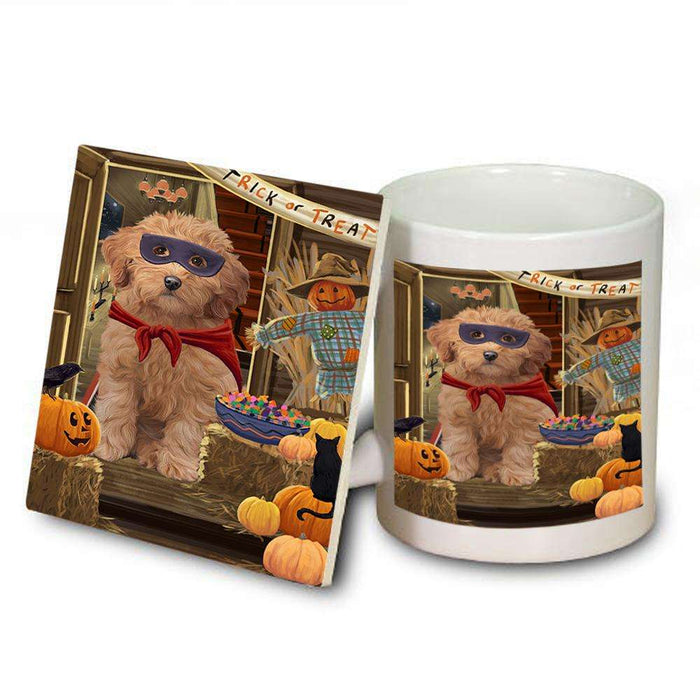 Enter at Own Risk Trick or Treat Halloween Goldendoodle Dog Mug and Coaster Set MUC53127