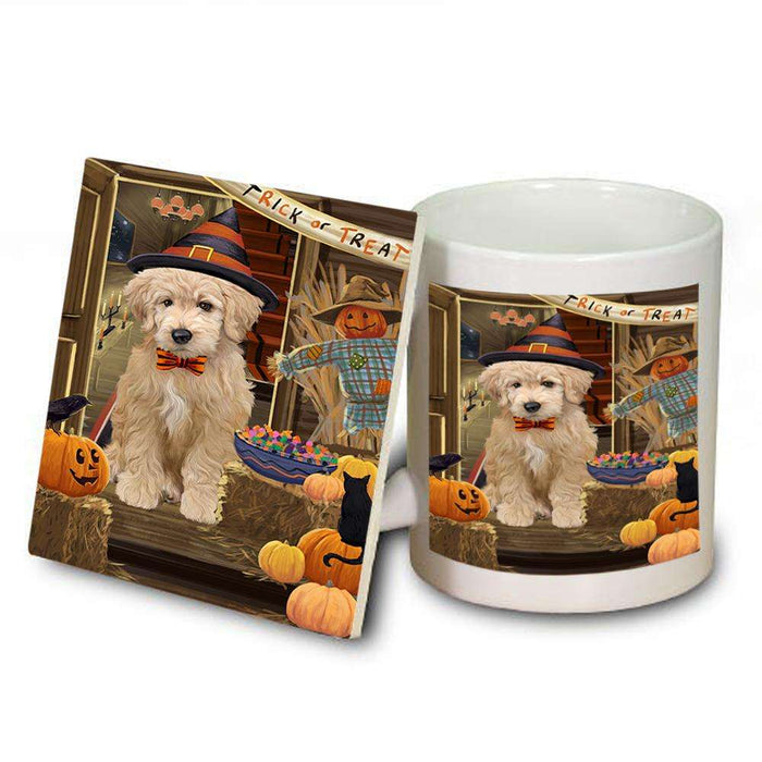 Enter at Own Risk Trick or Treat Halloween Goldendoodle Dog Mug and Coaster Set MUC53130