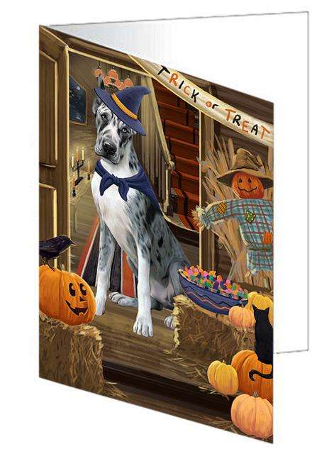 Enter at Own Risk Trick or Treat Halloween Great Dane Dog Handmade Artwork Assorted Pets Greeting Cards and Note Cards with Envelopes for All Occasions and Holiday Seasons GCD63446