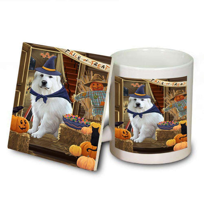 Enter at Own Risk Trick or Treat Halloween Great Pyrenee Dog Mug and Coaster Set MUC53136