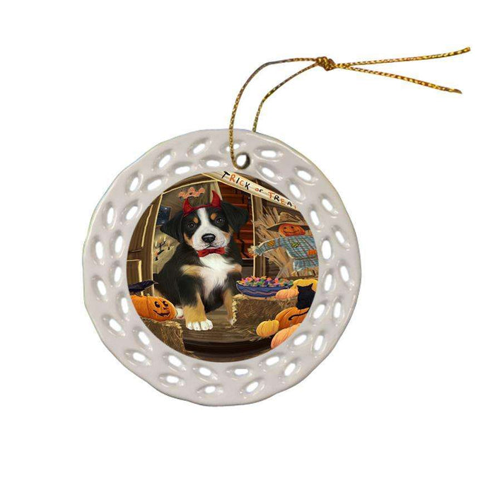 Enter at Own Risk Trick or Treat Halloween Greater Swiss Mountain Dog Ceramic Doily Ornament DPOR53152
