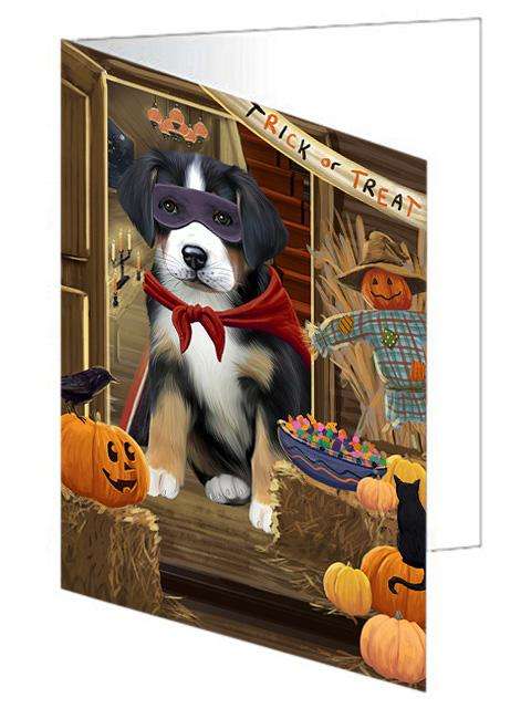 Enter at Own Risk Trick or Treat Halloween Greater Swiss Mountain Dog Handmade Artwork Assorted Pets Greeting Cards and Note Cards with Envelopes for All Occasions and Holiday Seasons GCD63479