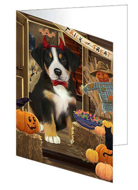 Enter at Own Risk Trick or Treat Halloween Greater Swiss Mountain Dog Handmade Artwork Assorted Pets Greeting Cards and Note Cards with Envelopes for All Occasions and Holiday Seasons GCD63485