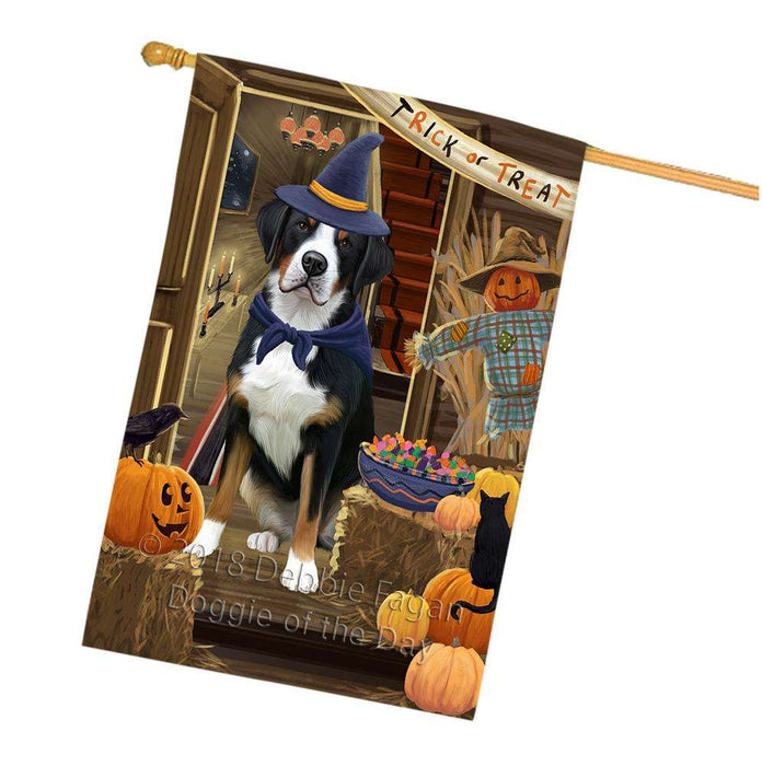 Enter at Own Risk Trick or Treat Halloween Greater Swiss Mountain Dog House Flag FLG53347