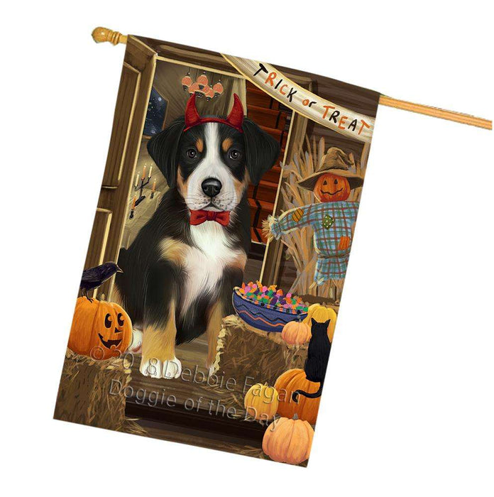 Enter at Own Risk Trick or Treat Halloween Greater Swiss Mountain Dog House Flag FLG53350