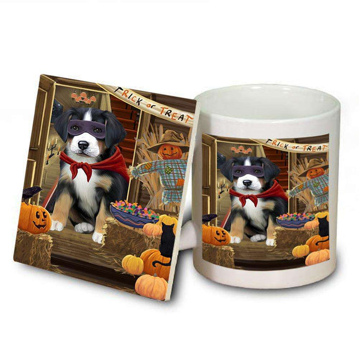 Enter at Own Risk Trick or Treat Halloween Greater Swiss Mountain Dog Mug and Coaster Set MUC53142