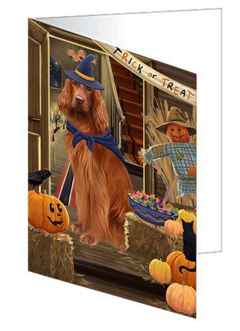 Enter at Own Risk Trick or Treat Halloween Irish Setter Dog Handmade Artwork Assorted Pets Greeting Cards and Note Cards with Envelopes for All Occasions and Holiday Seasons GCD63506