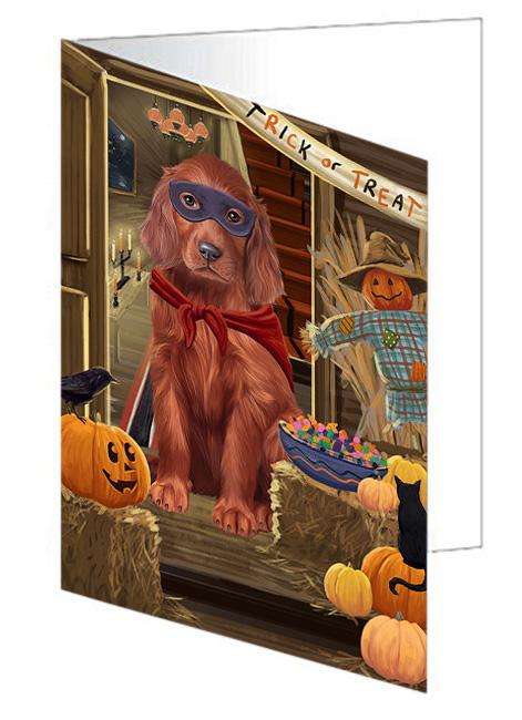 Enter at Own Risk Trick or Treat Halloween Irish Setter Dog Handmade Artwork Assorted Pets Greeting Cards and Note Cards with Envelopes for All Occasions and Holiday Seasons GCD63509