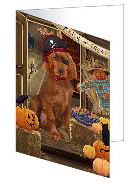 Enter at Own Risk Trick or Treat Halloween Irish Setter Dog Handmade Artwork Assorted Pets Greeting Cards and Note Cards with Envelopes for All Occasions and Holiday Seasons GCD63512