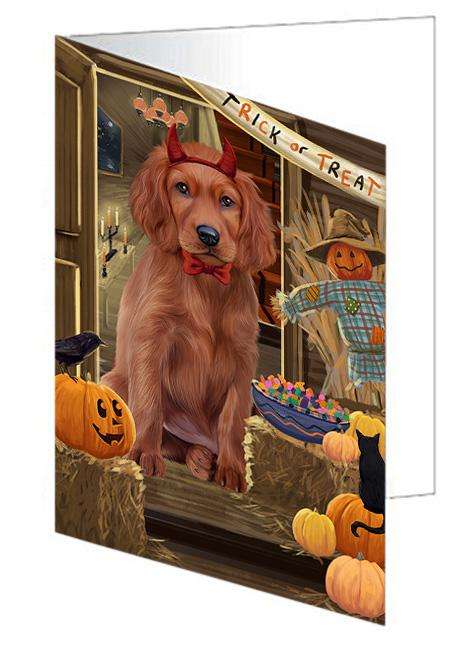 Enter at Own Risk Trick or Treat Halloween Irish Setter Dog Handmade Artwork Assorted Pets Greeting Cards and Note Cards with Envelopes for All Occasions and Holiday Seasons GCD63515