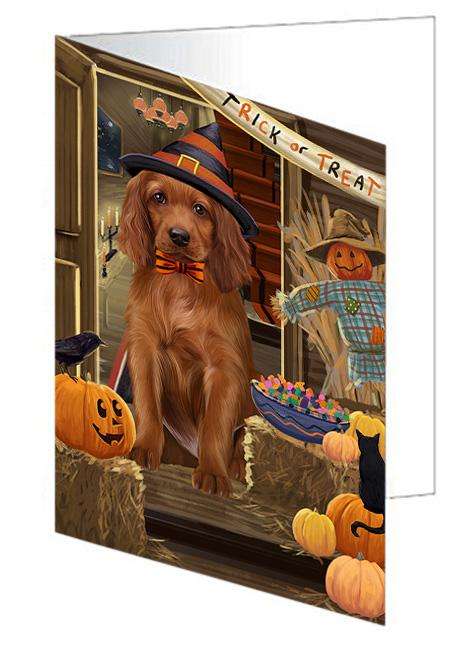 Enter at Own Risk Trick or Treat Halloween Irish Setter Dog Handmade Artwork Assorted Pets Greeting Cards and Note Cards with Envelopes for All Occasions and Holiday Seasons GCD63518