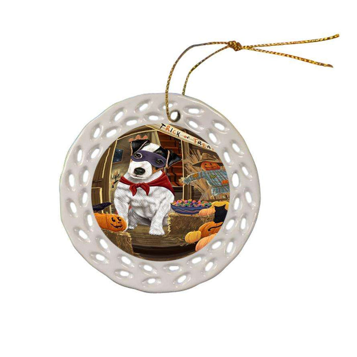 Enter at Own Risk Trick or Treat Halloween Jack Russell Terrier Dog Ceramic Doily Ornament DPOR53165