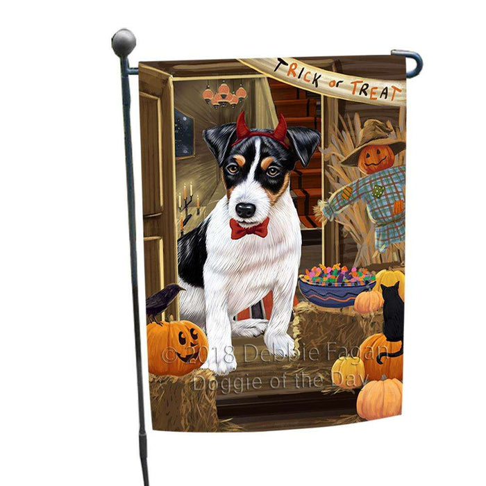 Enter at Own Risk Trick or Treat Halloween Jack Russell Terrier Dog Garden Flag GFLG53229