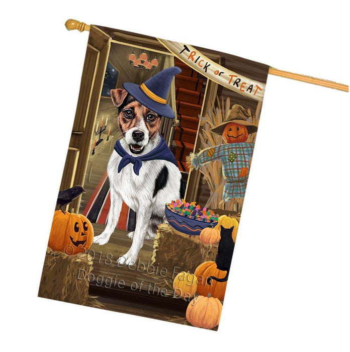 Enter at Own Risk Trick or Treat Halloween Jack Russell Terrier Dog House Flag FLG53362