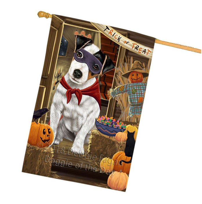 Enter at Own Risk Trick or Treat Halloween Jack Russell Terrier Dog House Flag FLG53363