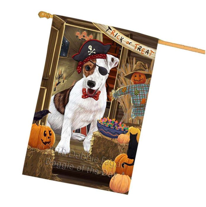 Enter at Own Risk Trick or Treat Halloween Jack Russell Terrier Dog House Flag FLG53364
