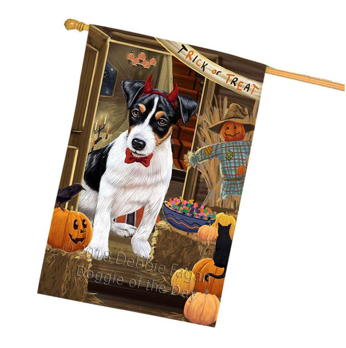 Enter at Own Risk Trick or Treat Halloween Jack Russell Terrier Dog House Flag FLG53365
