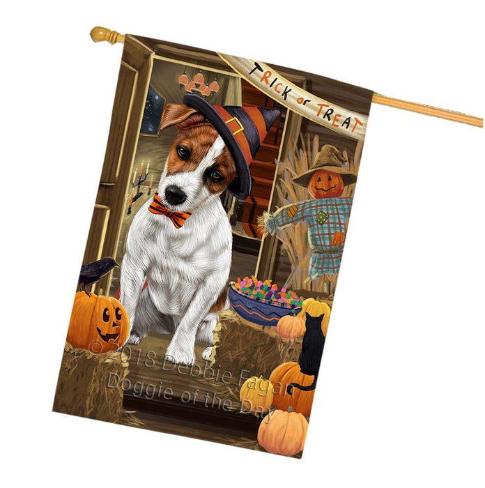Enter at Own Risk Trick or Treat Halloween Jack Russell Terrier Dog House Flag FLG53366
