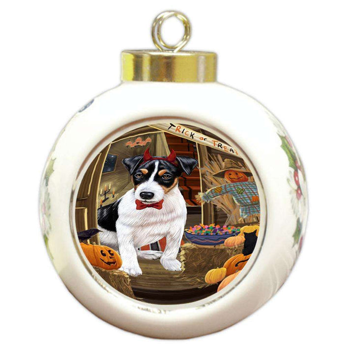 Enter at Own Risk Trick or Treat Halloween Jack Russell Terrier Dog Round Ball Christmas Ornament RBPOR53167