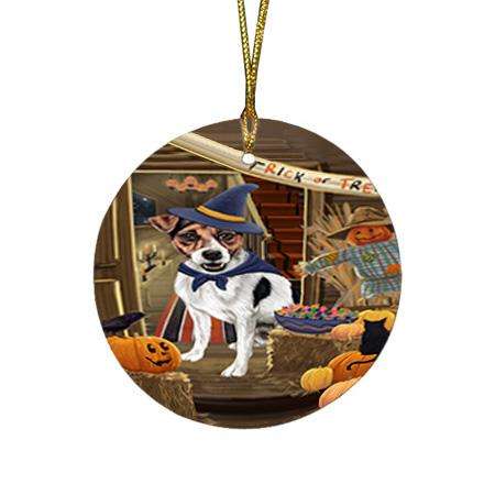 Enter at Own Risk Trick or Treat Halloween Jack Russell Terrier Dog Round Flat Christmas Ornament RFPOR53155