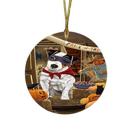 Enter at Own Risk Trick or Treat Halloween Jack Russell Terrier Dog Round Flat Christmas Ornament RFPOR53156