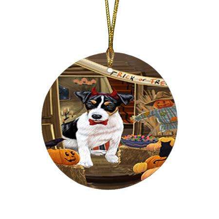 Enter at Own Risk Trick or Treat Halloween Jack Russell Terrier Dog Round Flat Christmas Ornament RFPOR53158