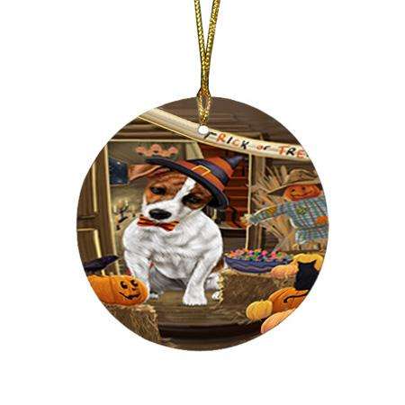 Enter at Own Risk Trick or Treat Halloween Jack Russell Terrier Dog Round Flat Christmas Ornament RFPOR53159
