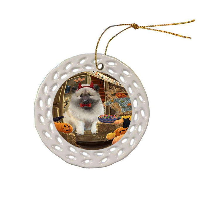 Enter at Own Risk Trick or Treat Halloween Keeshond Dog Ceramic Doily Ornament DPOR53172