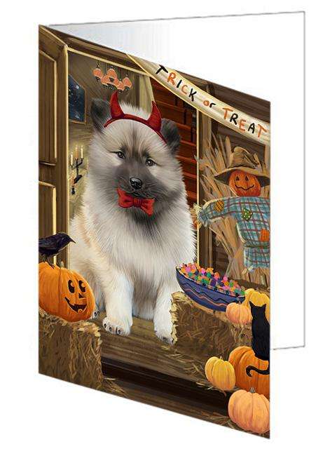 Enter at Own Risk Trick or Treat Halloween Keeshond Dog Handmade Artwork Assorted Pets Greeting Cards and Note Cards with Envelopes for All Occasions and Holiday Seasons GCD63545